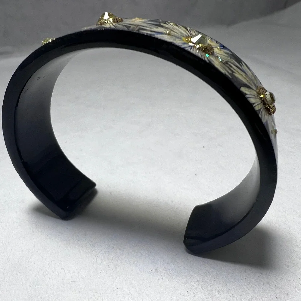 Set of 3 Resin Cuff Bracelets Panda Bear Floral Daisy Art Deco Black Wide Bangle